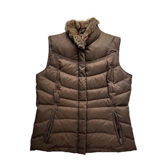 Eddie Bauer Goose Down Puffer Vest Womens Medium Chocolate Brown Faux Fur Collar - Picture 1 of 8